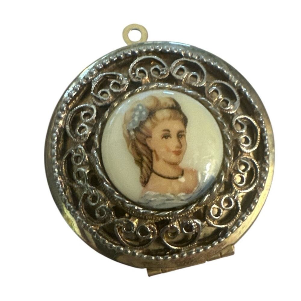 Vintage Metal Locket Victorian Portrait Women Necklace Limoges Style Filigree
